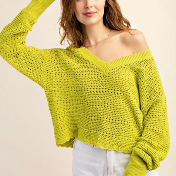 KORI V-Neck Cotton Crochet Lime Green Sweater - NWT - Picture 2 of 5